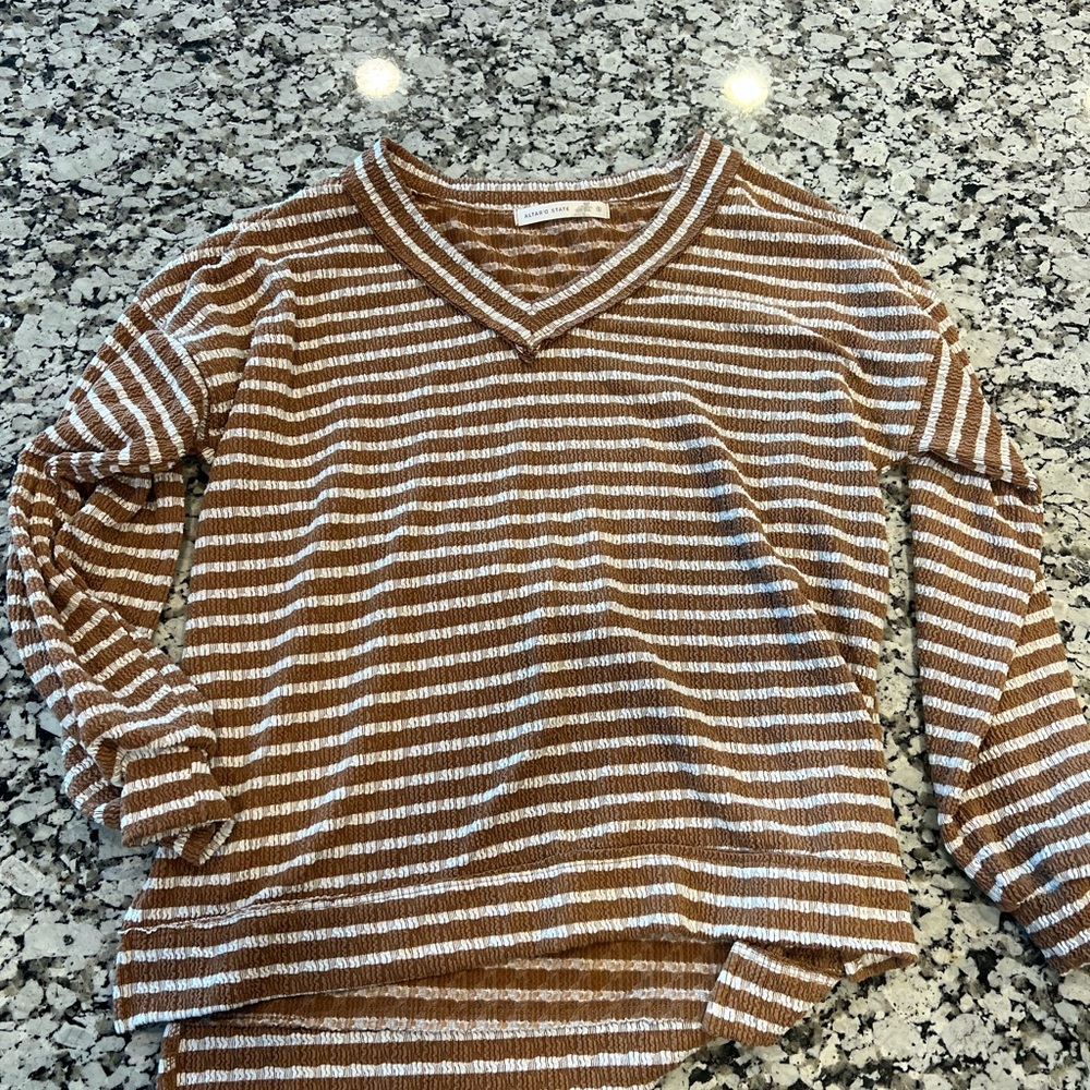 Altar'd State Brown and Cream Striped V-Neck Top